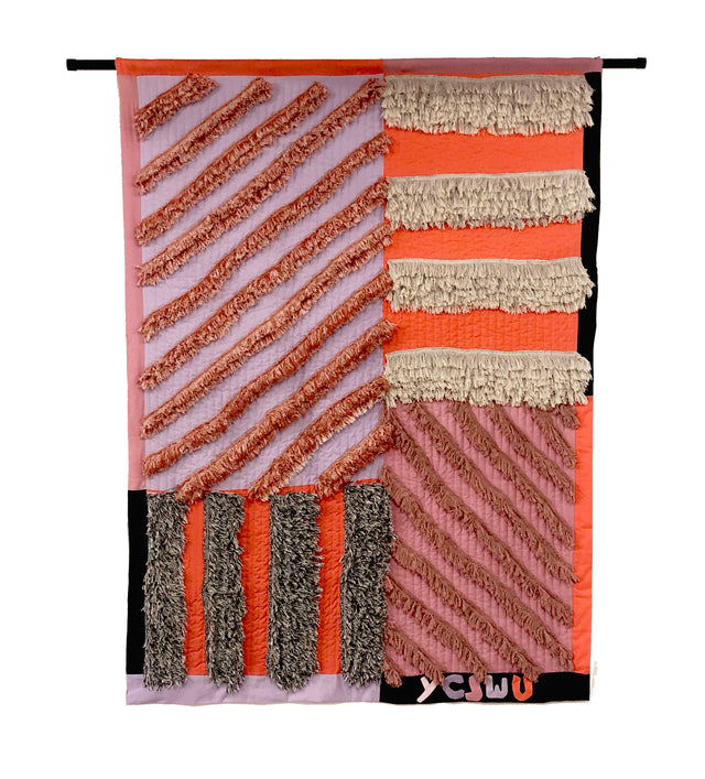 Hand made appliquéd geometric wall hanging art tapestry by G+S x 2LG Studio Pink, Orange