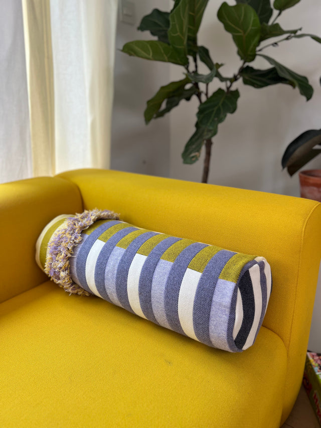 Stripey bolster in lilac & yellow