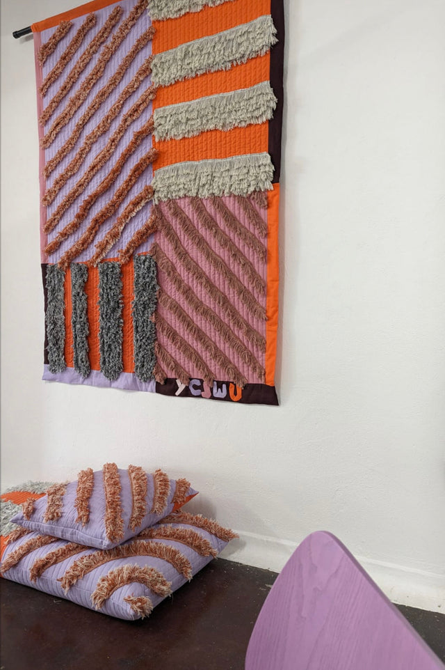 Hand made appliquéd geometric wall hanging art tapestry by G+S x 2LG Studio Pink, Orange